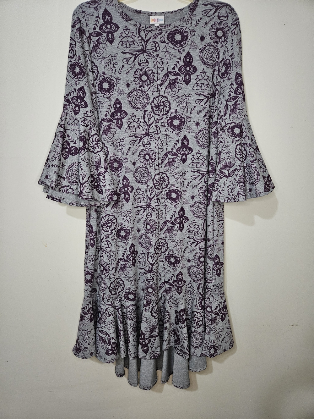 Women’s LuLaroe Gray Floral Bell-Sleeve Maurine Dress - Purple Print